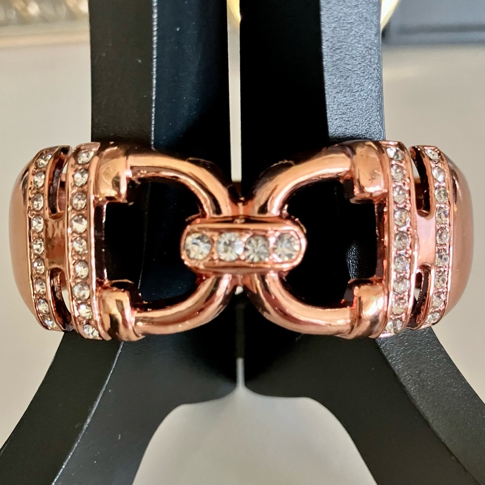 Art Deco, Elegant Rose Gold tone Cuff Bracelet with Crystals, Hinged Closure.